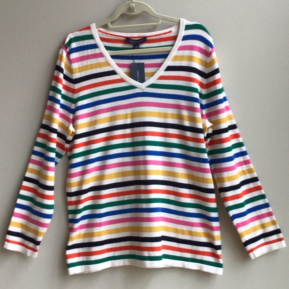 TH Vibrant Cotton Multi Colored Striped V-Neck Long Sleeve Sweater Classic Fun